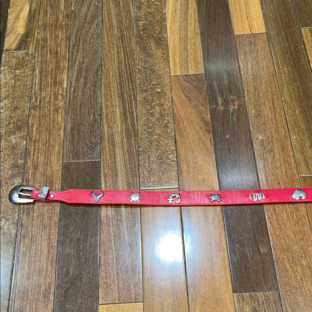 Red Genuine Leather Belt with Silver Buckle and Charms
